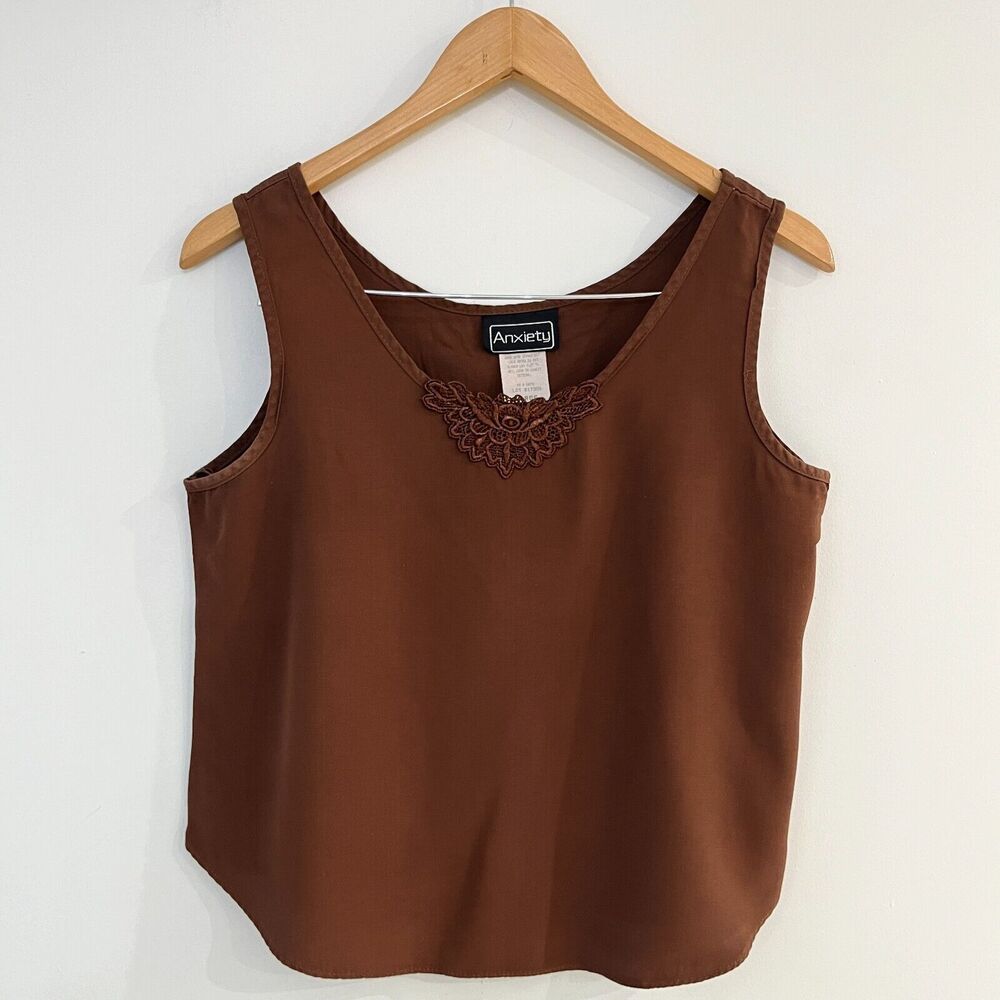 Anxiety Vintage Y2K 90s Brown Tank Top Lightweight Minimalist Fall Size L